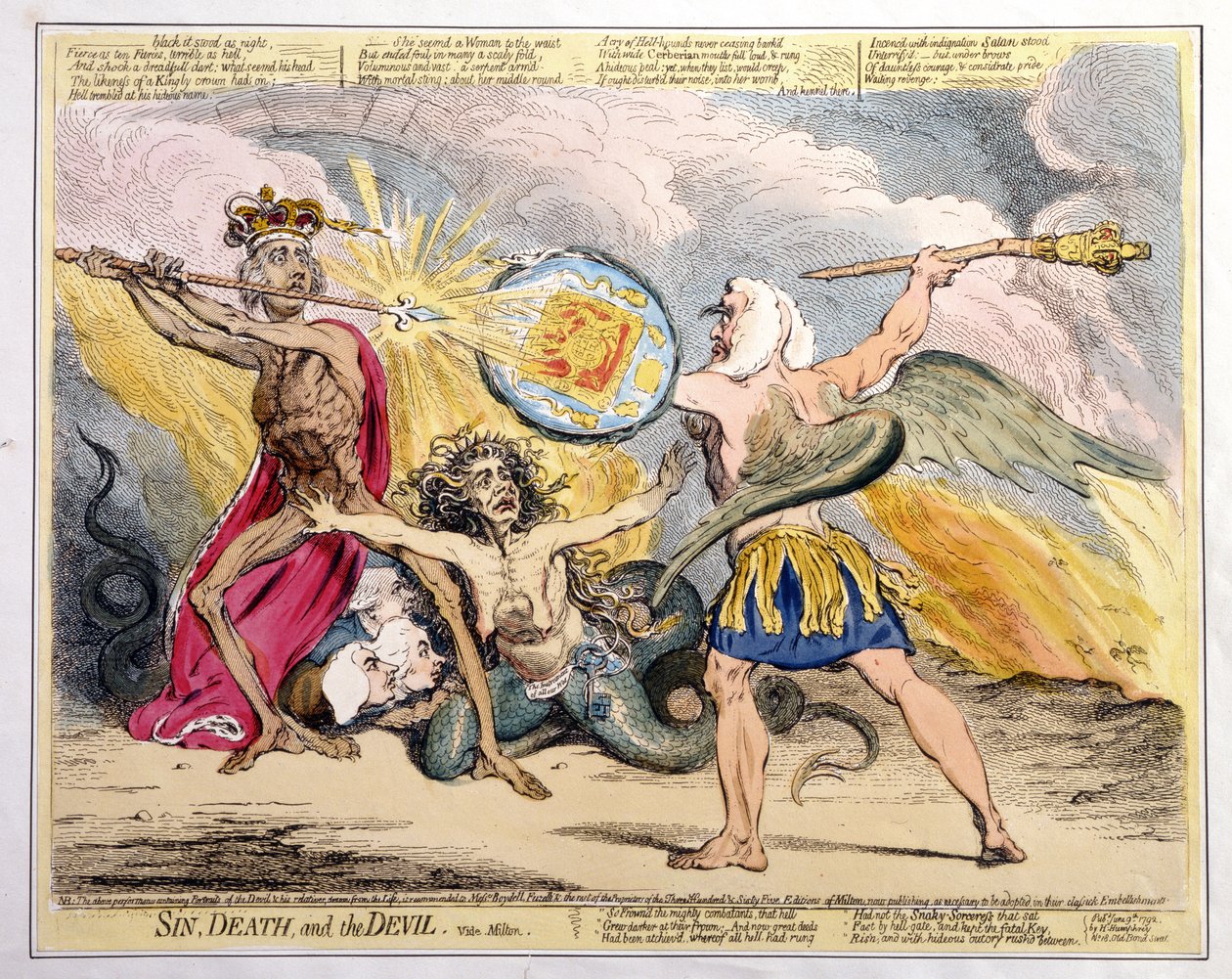 Pecado, Morte e o Diabo, publicado por Hannah Humphrey em 1792 (gravura à mão colorida) de James Gillray