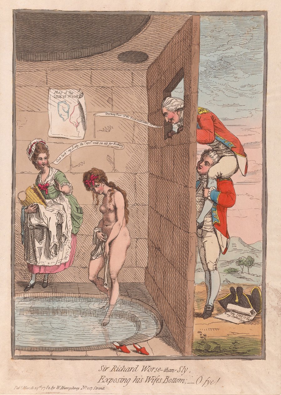 Sir Richard Pior do que Sly, Expondo o seu Wifes Bottom - O fye !, pub. 1782 (gravura colorida à mão) de James Gillray