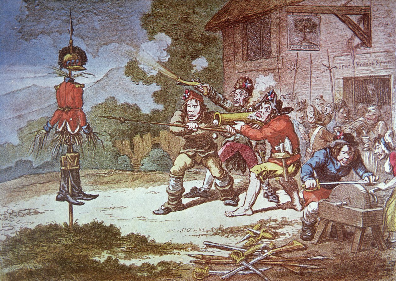 Sociedade de Irlandeses Unidos em treinamento contra o Exército Britânico de James Gillray