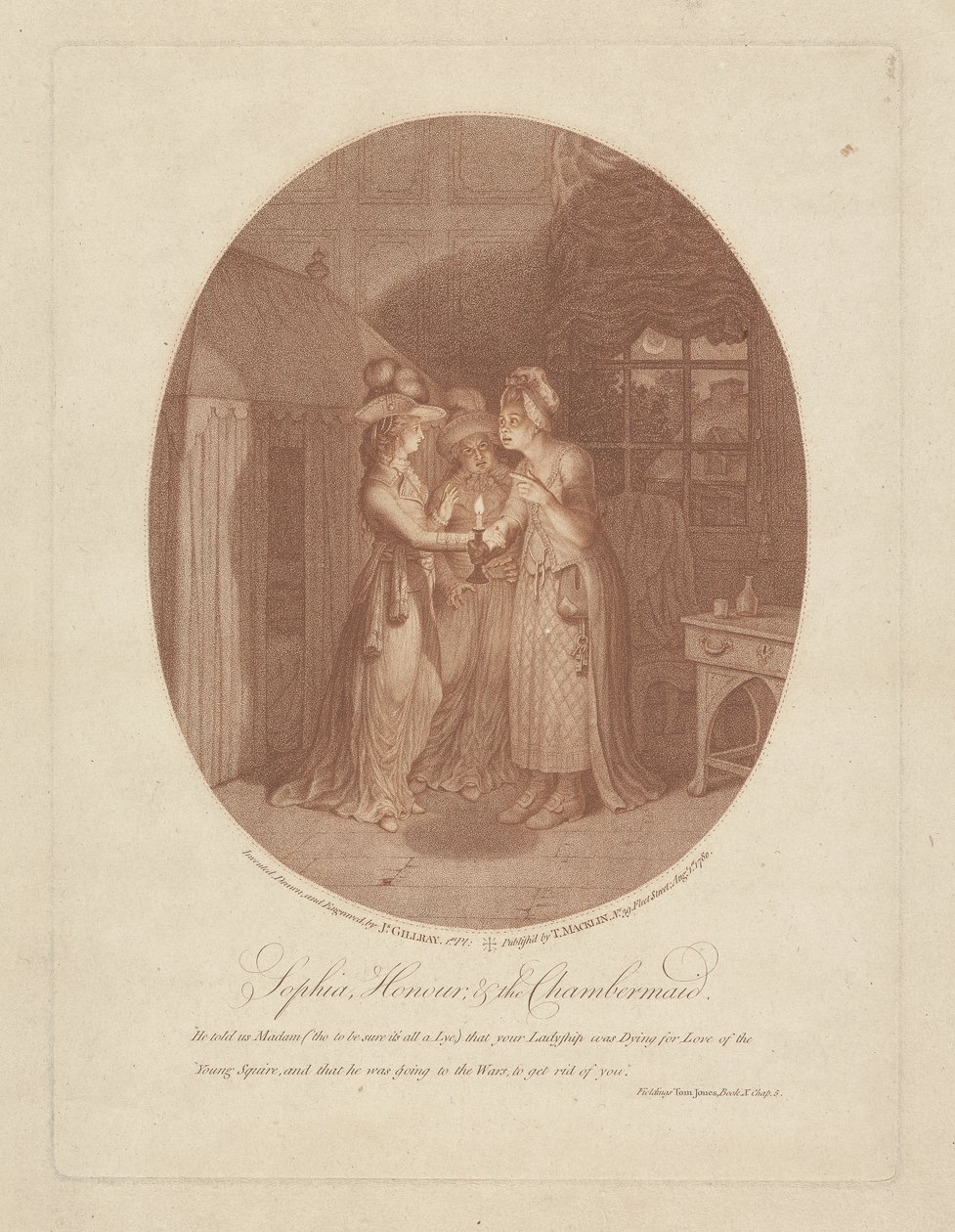 Sophia, Honor e a camareira, cena de Tom Jones por Henry Fielding (1707-54) (gravura de stipple) de James Gillray