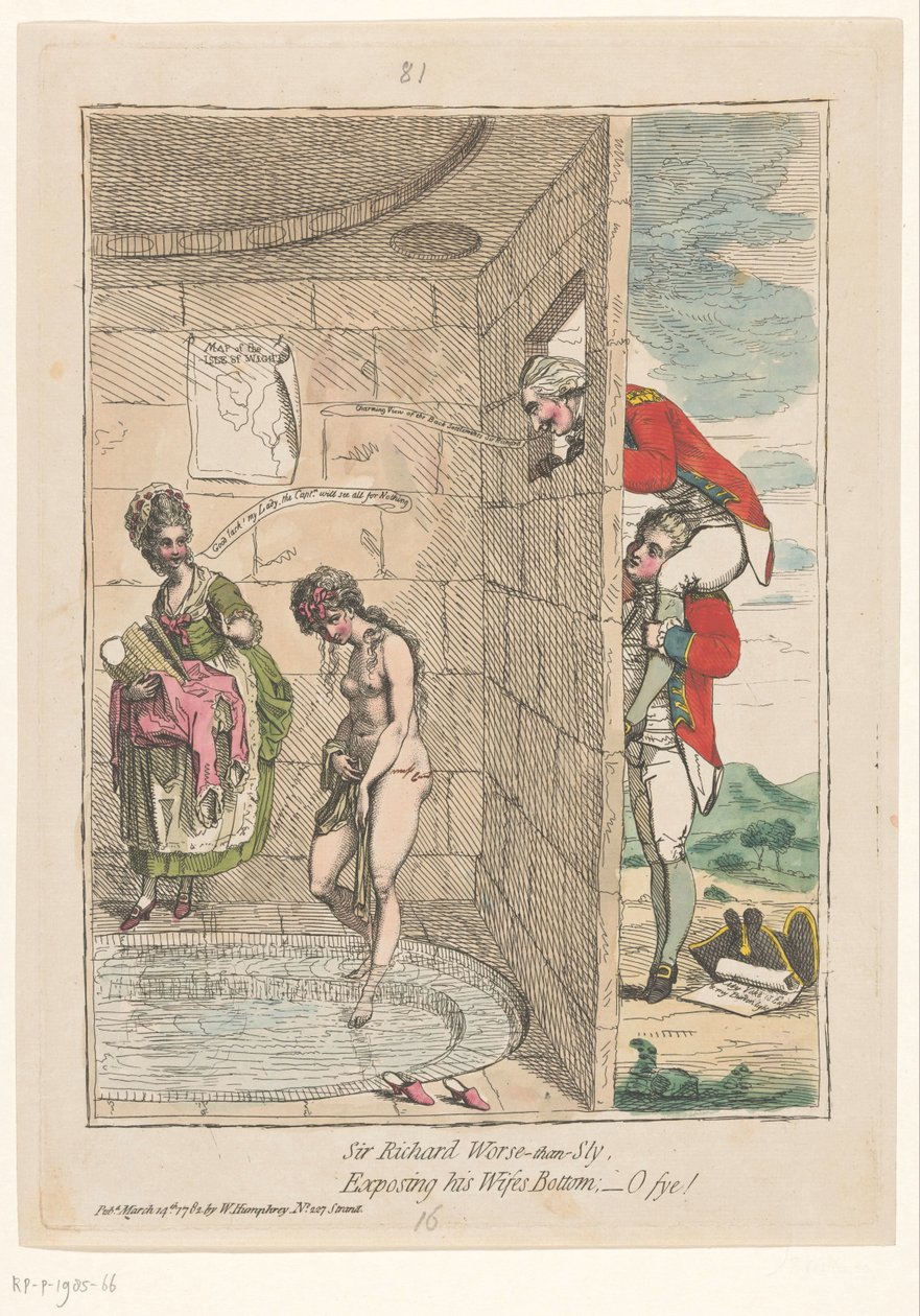 Spotprent op Sir Richard Worsley
Sir Richard pior que manhoso, expondo o rabo das suas esposas; -o fye! (título sobre o objecto) de James Gillray