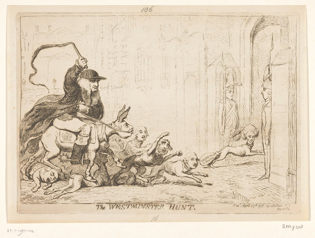 Spotprent op Warren Hastings, 1788
The Westminster Hunt (título sobre o objecto) de James Gillray