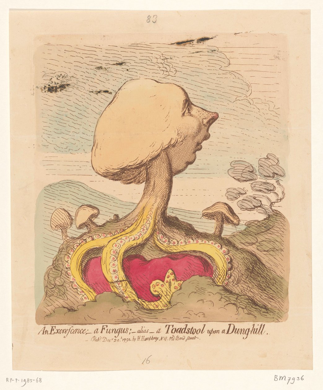 Caricatura de William Pitt, o Jovem, 1791 Uma Excrescência; - um fungo; -alias- um cogumelo venenoso em uma colina de estrume de James Gillray