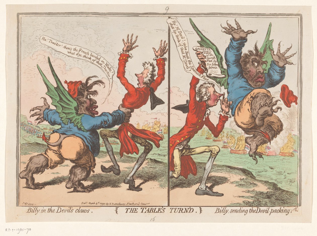Spotprent op William Pitt en Charles Fox, 1797
A vez da mesa (título sobre o objecto) de James Gillray