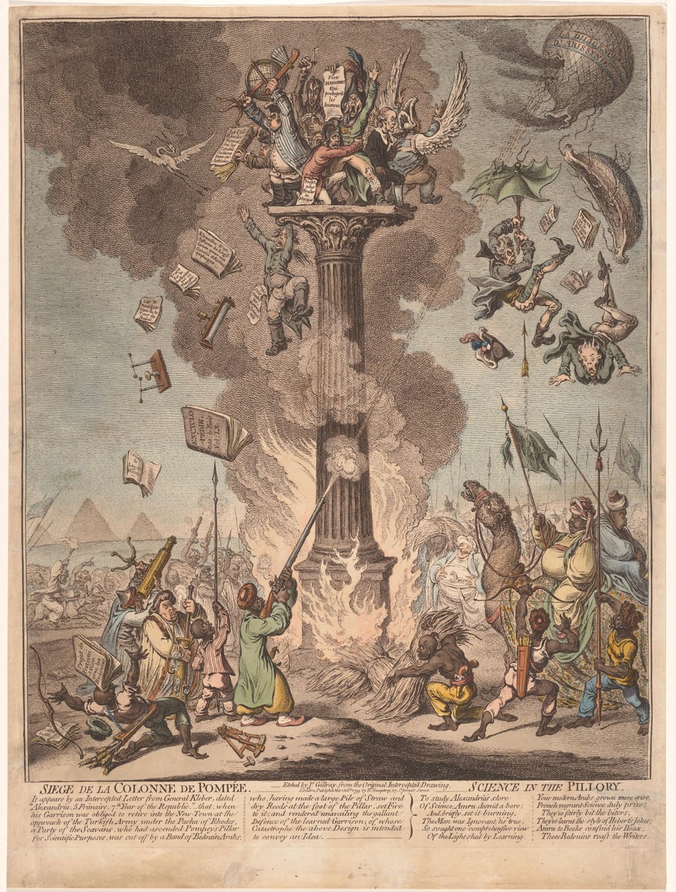 Desenho animado sobre a expedição francesa ao Egipto, 1799
Siege de la Colonne de Pompee / Ciência no pelourinho (título sobre o objecto) de James Gillray