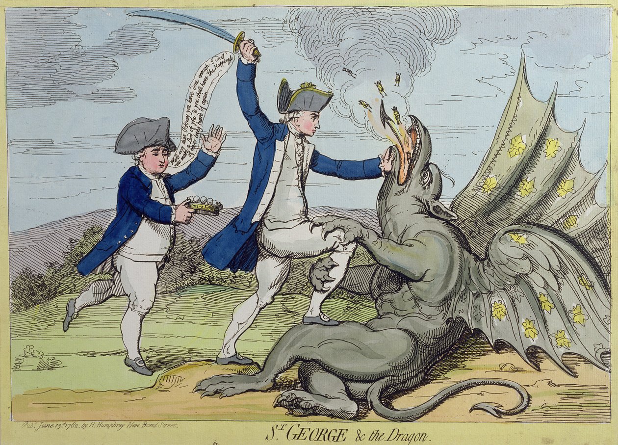 São Jorge e o Dragão, publicado por Hannah Humphrey em 1782 (gravura à mão colorida) de James Gillray