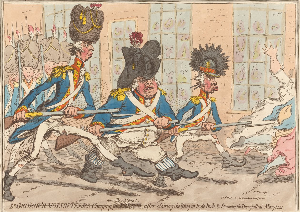 Os voluntários de St. George a avançarem pela Bond Street, depois de terem desocupado a praça do Hyde Park e de terem tomado de assalto o Dunghill, em Marybone de James Gillray