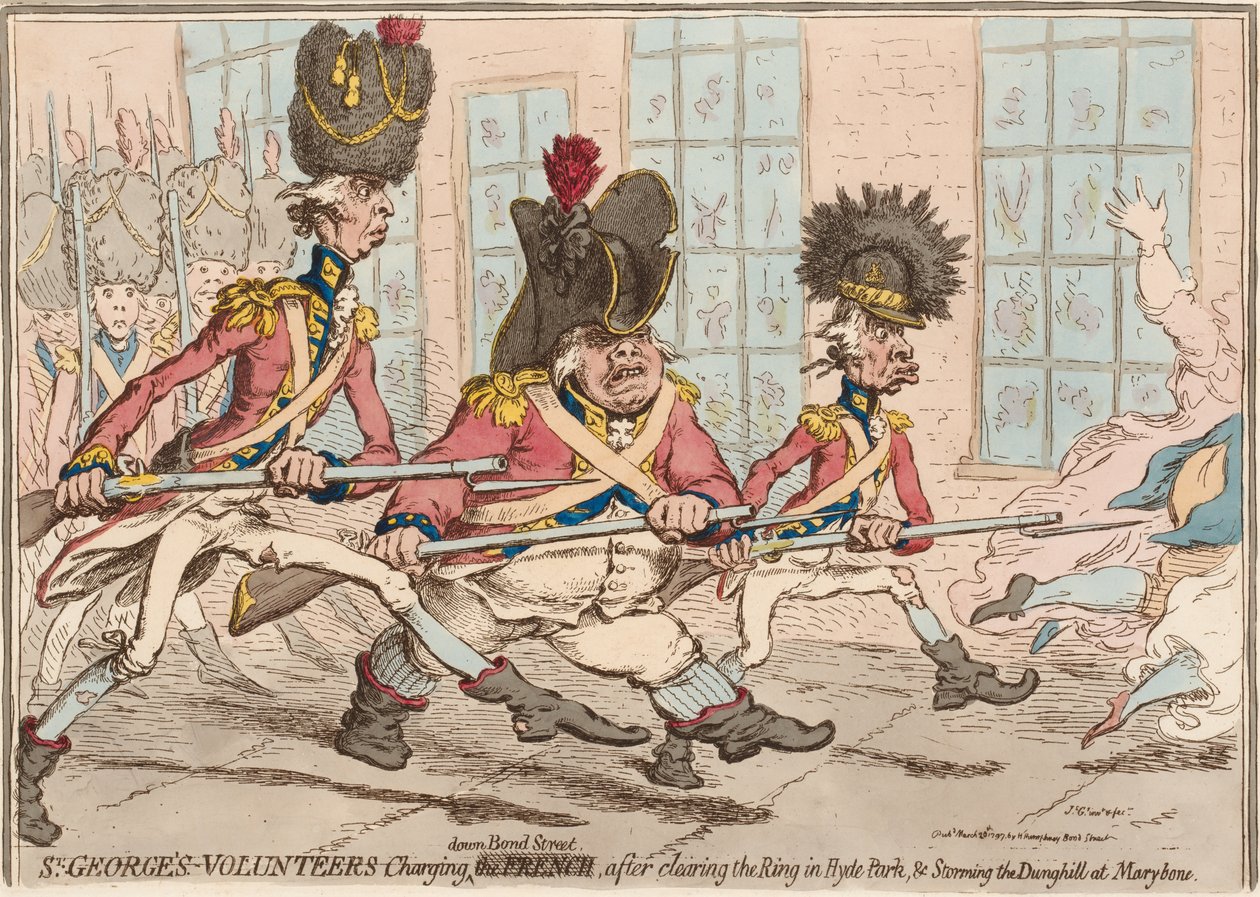  Voluntários de St George correndo pela Bond Street, depois de limpar o Ring em Hyde Park e invadir o Dunghill em Marlybone de James Gillray
