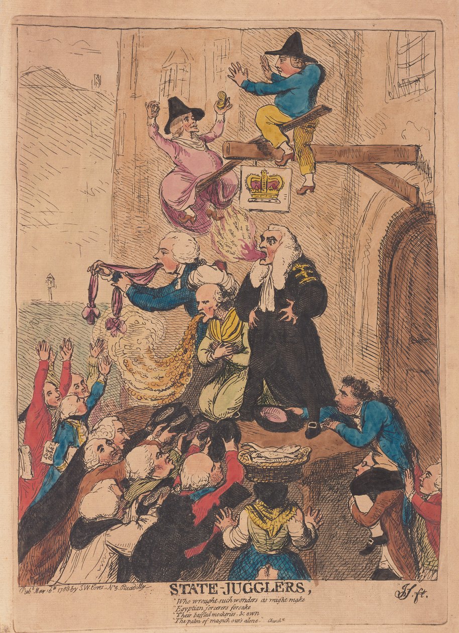 Malabaristas do estado, bar. 1788 (gravura colorida à mão) de James Gillray