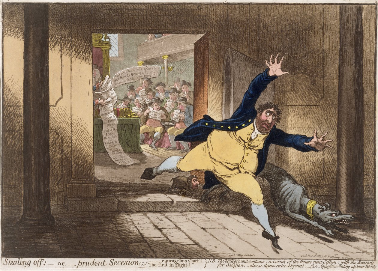 Roubando Off, ou Prudent Secesion, publicado por Hannah Humphrey em 1798 (gravura à mão colorida com aquatint) de James Gillray