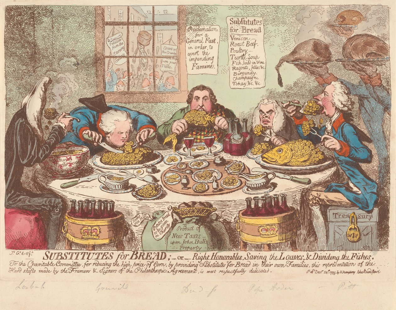 Substitutos do pão - ou - Honoráveis deputados, salvando os pães e dividindo os peixes de James Gillray