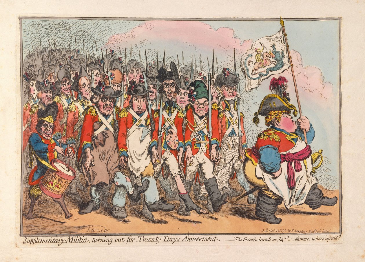Milícia suplementar, transformando-se em Twenty Days Amusement, pub. 1796 (gravura colorida à mão) de James Gillray