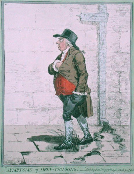 Symptoms of Deep Thinking, publicado por Hannah Humphrey em 1800 (gravura colorida à mão) de James Gillray