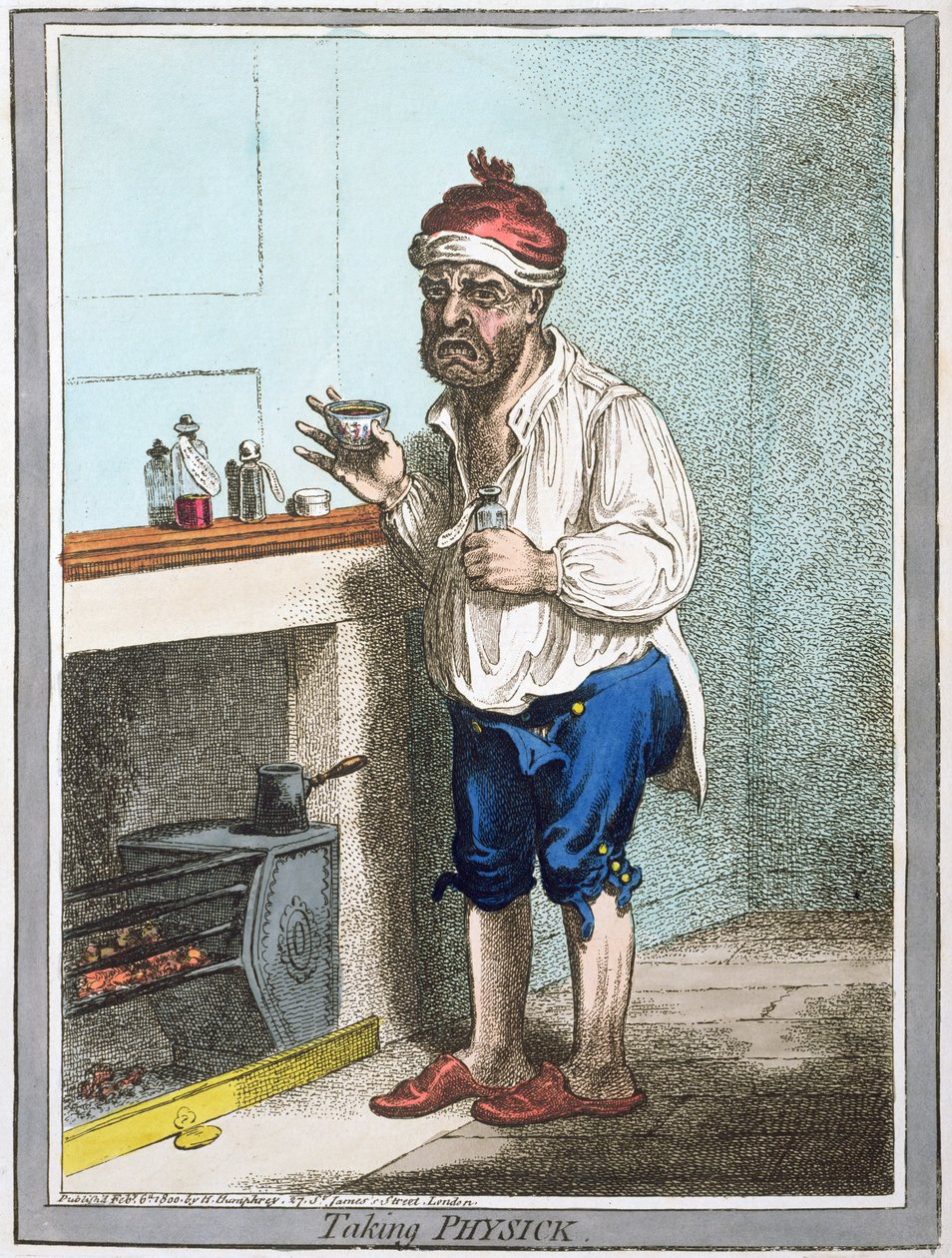 Taking Physick, publicado por Hannah Humphrey em 1800 (gravura colorida à mão) de James Gillray