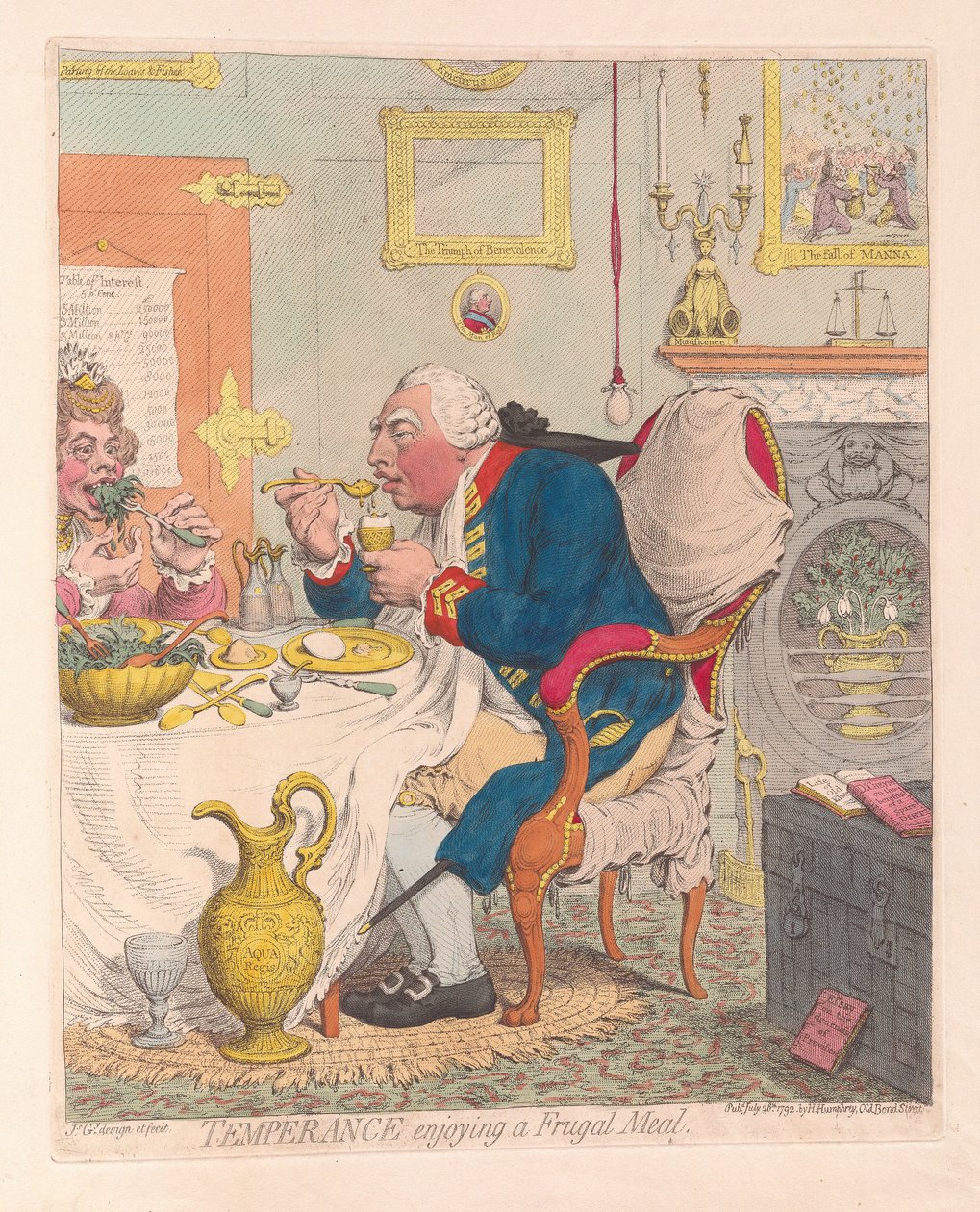 Temeprance desfrutando de uma refeição frugal, pub. 1792 (gravura colorida à mão) de James Gillray