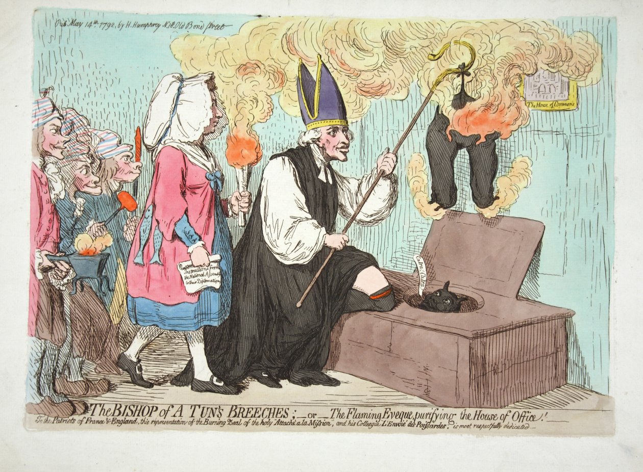 O Bispo de um Torno Breeches; - O Eveque Flamejante purificando a Casa do Ofício! Aos Patriotas da França e da Inglaterra, esta representação do Zelo Ardente do santo Attaceh à la Mission, e de James Gillray