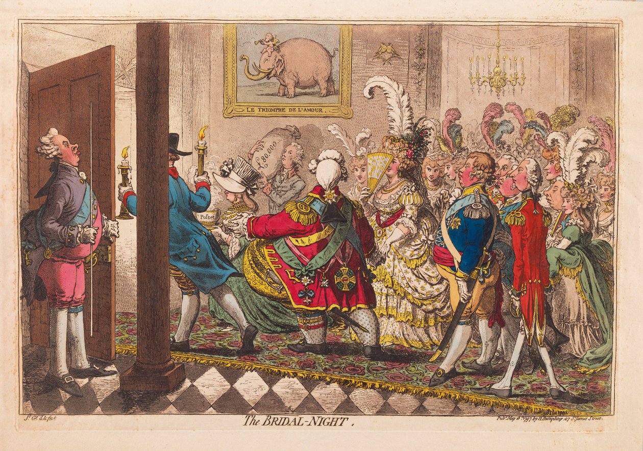 A noite nupcial, pub. 1797 (gravura colorida à mão) de James Gillray