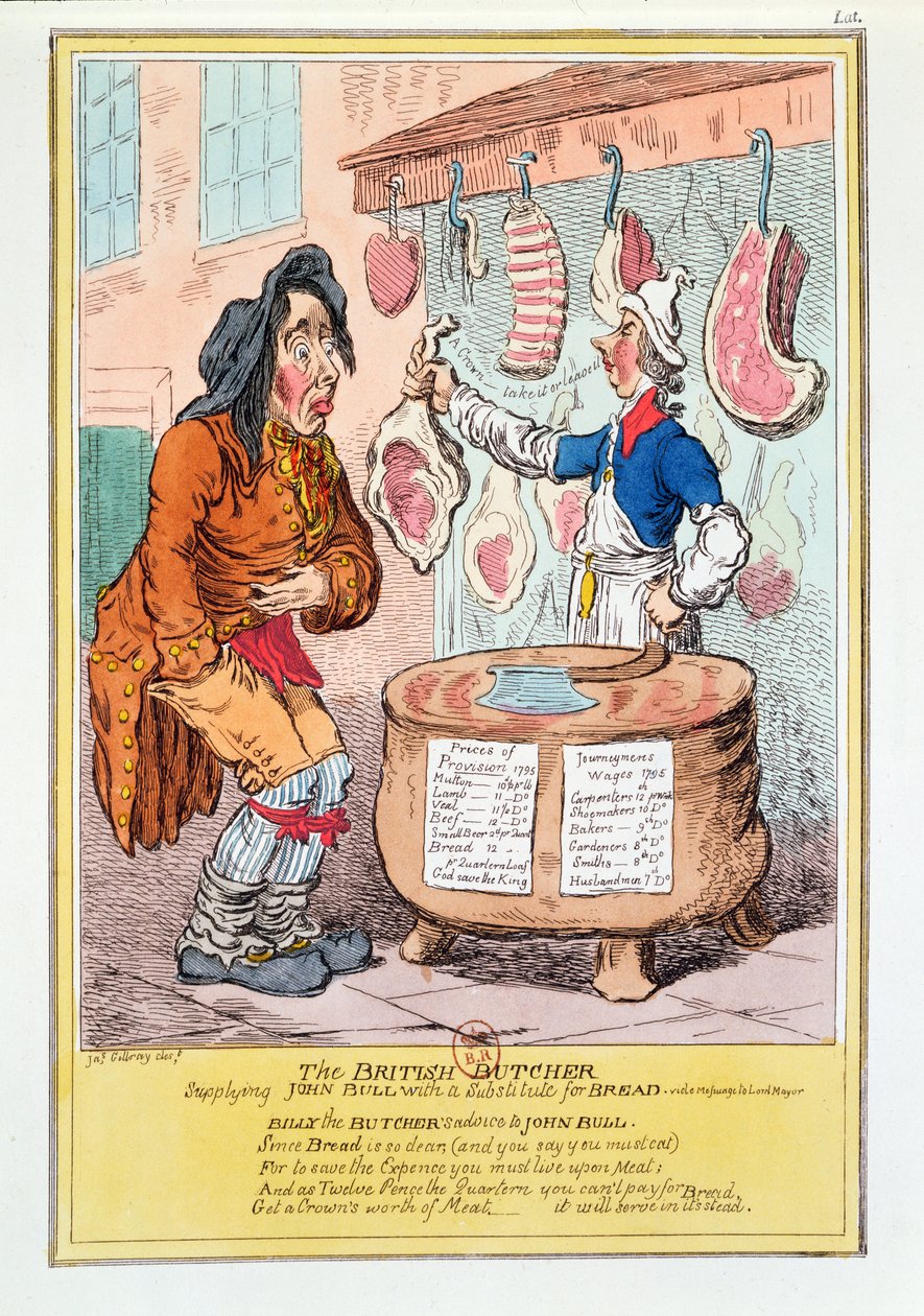 "O açougueiro britânico que fornece John Bull com um substituto para o pão", 1795 de James Gillray