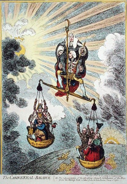 The Cabinetical Balance, publicado por Hannah Humphrey em 1806 (gravura colorida à mão) de James Gillray