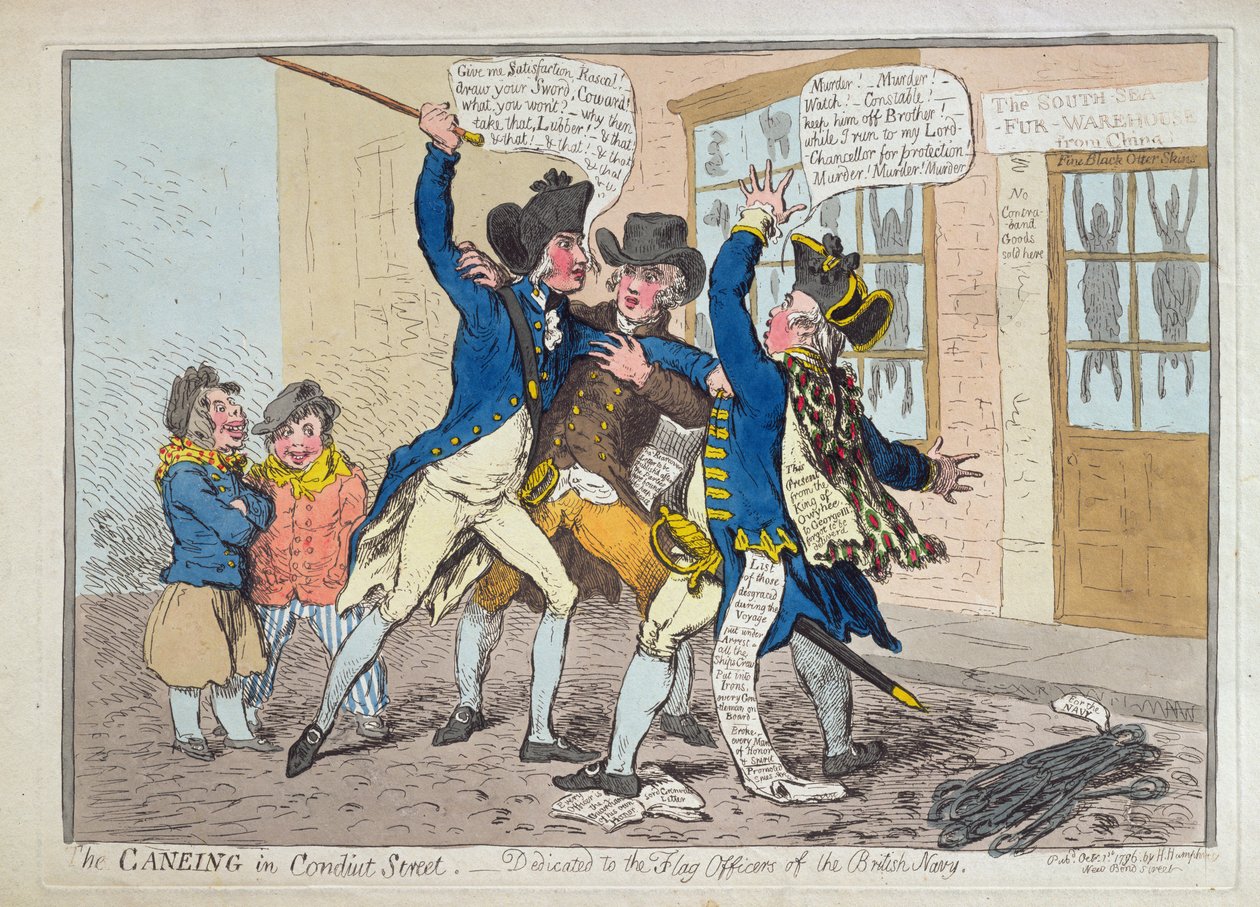O Caning em Conduit Street, publicado por Hannah Humphrey em 1796 (gravura à mão colorida) de James Gillray