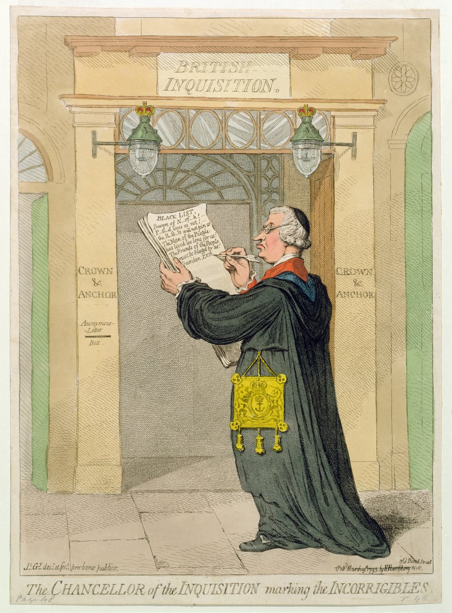 O Chanceler da Inquisição que marca os Incorrigíveis, publicado por Hannah Humphrey em 1793 (gravura à mão colorida) de James Gillray