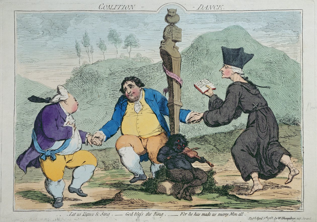 The Coalition-Dance, publicado por William Humphrey em 1783 (gravura à mão colorida) de James Gillray