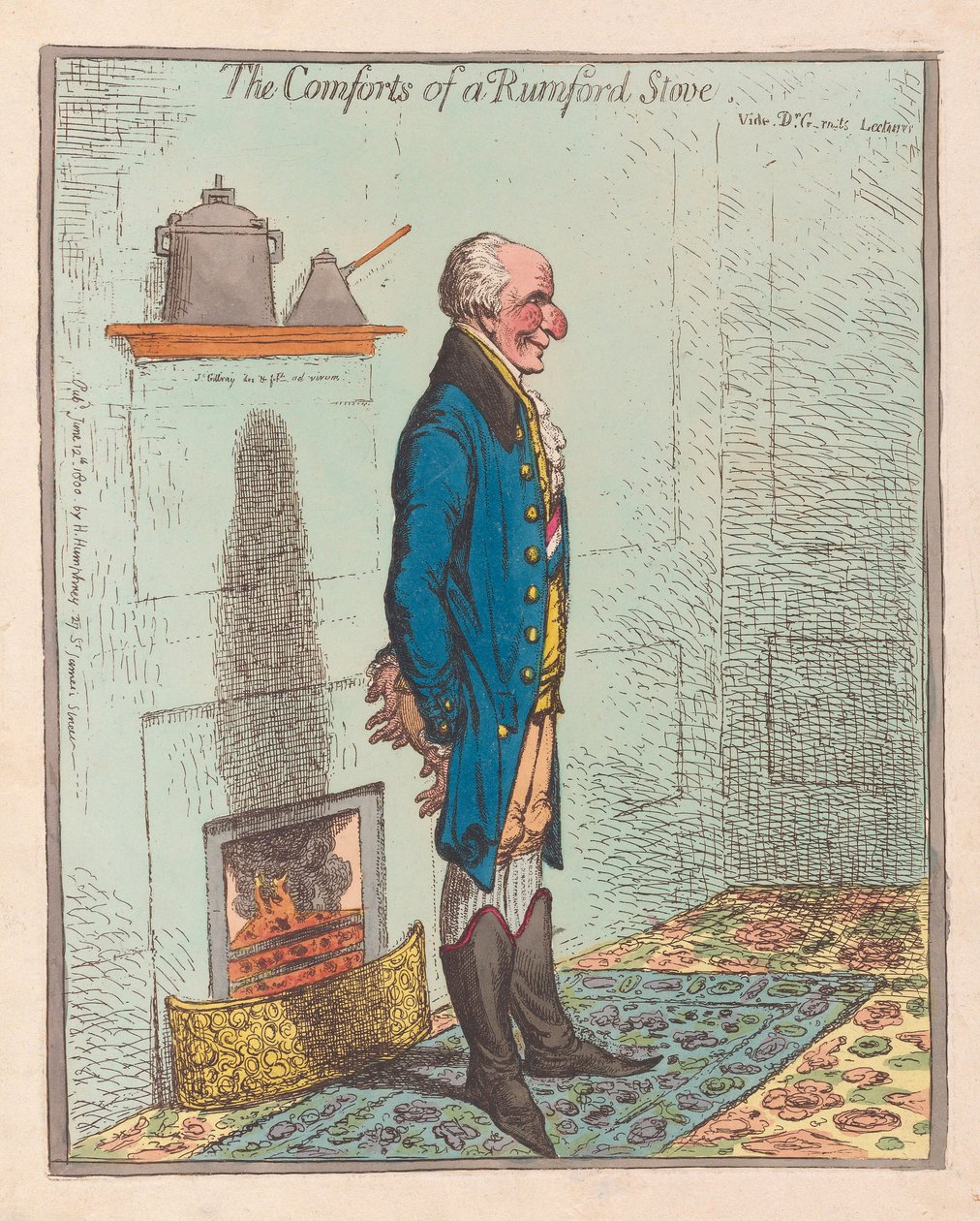 The Comforts of a Rumford Stove, pub 1800 (gravura colorida à mão) de James Gillray