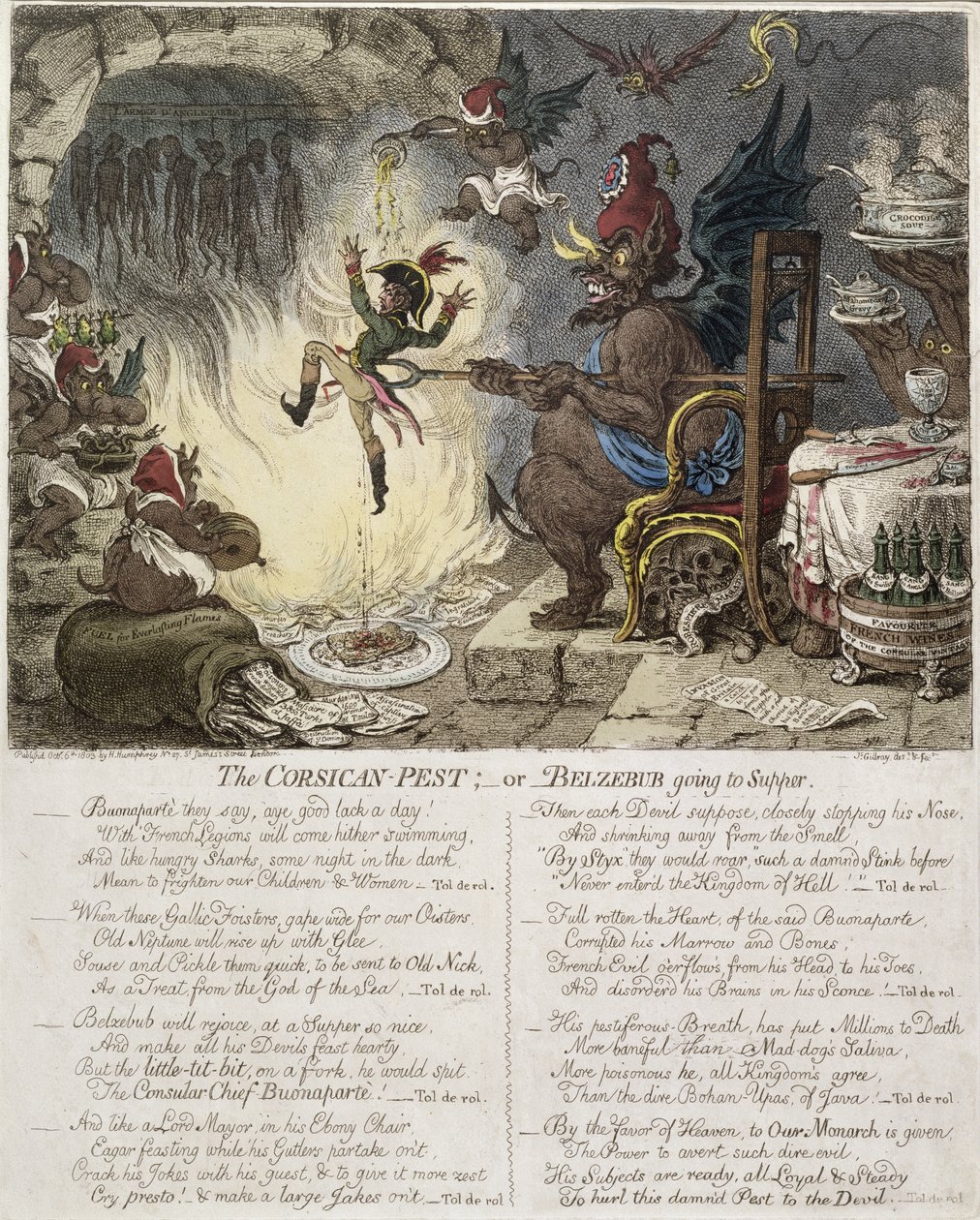 The Corsican Pest, or Belzebub Going to Supper, publicado por Hannah Humphrey em 1803 (gravura colorida à mão) de James Gillray