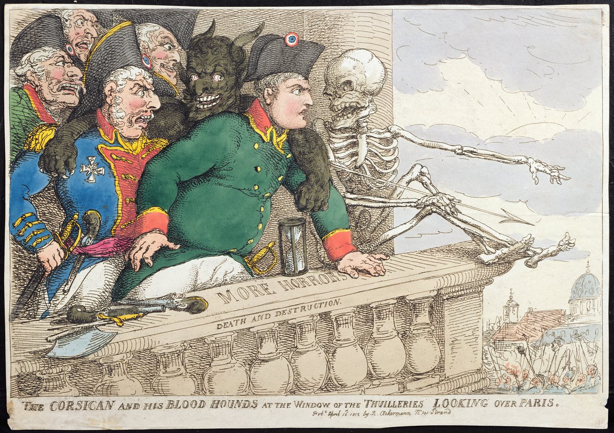 O Córsega e seus Blood Hounds na Janela das Tulherias, Olhando por cima de Paris, publicado por Hannah Humphrey em 1815 (gravura à mão colorida) de James Gillray