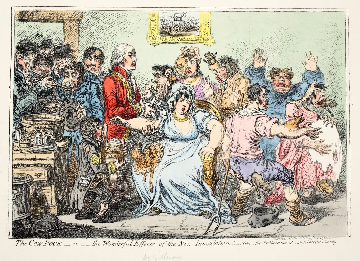 O Cow Pock ou Efeitos Maravilhosos da Nova Inoculação! Vide as publicações da sociedade anti-vacina, pub de H. Humphreys de James Gillray