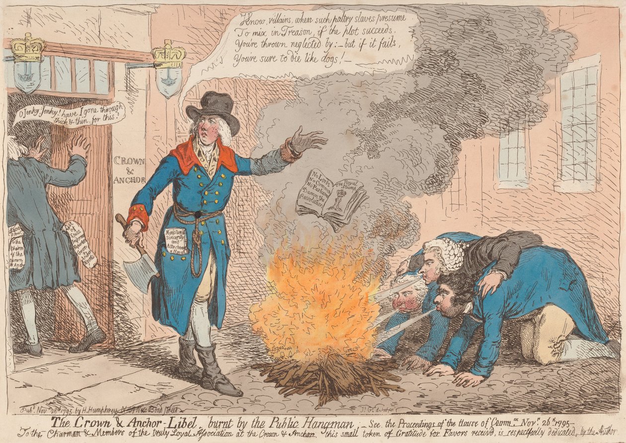 The Crown  Anchor — Difamação, queimado pelo carrasco público (de: Caricature, vol. 1) de James Gillray