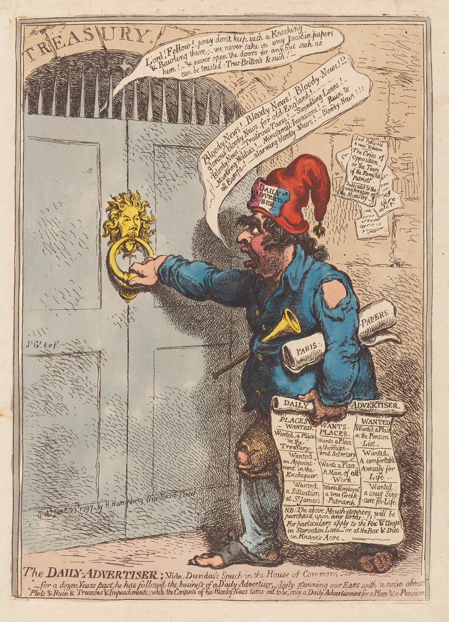 O anunciante diário, pub. 1797 (gravura colorida à mão) de James Gillray