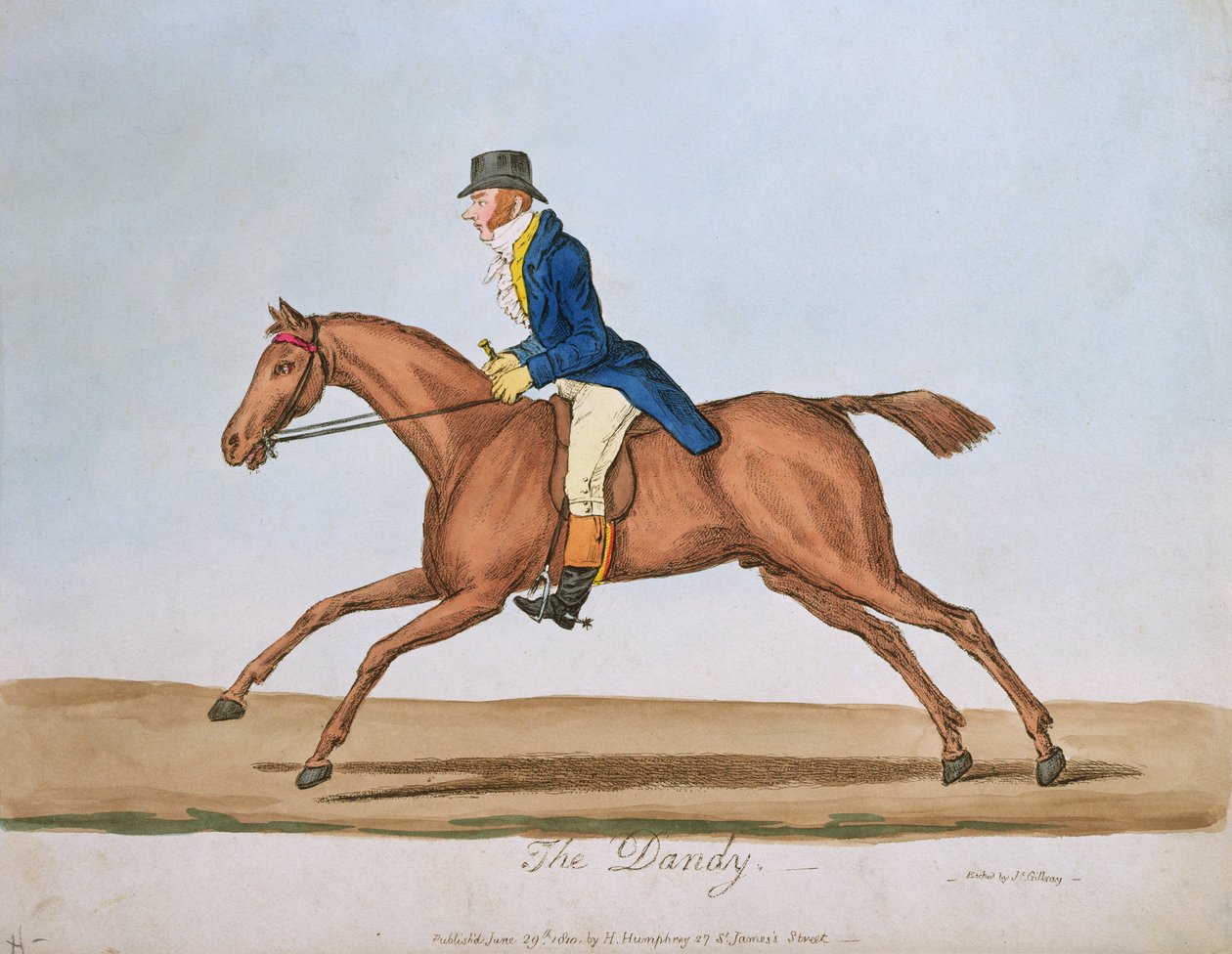 The Dandy, publicado por Hannah Humphrey em 1810 (gravura à mão colorida) de James Gillray