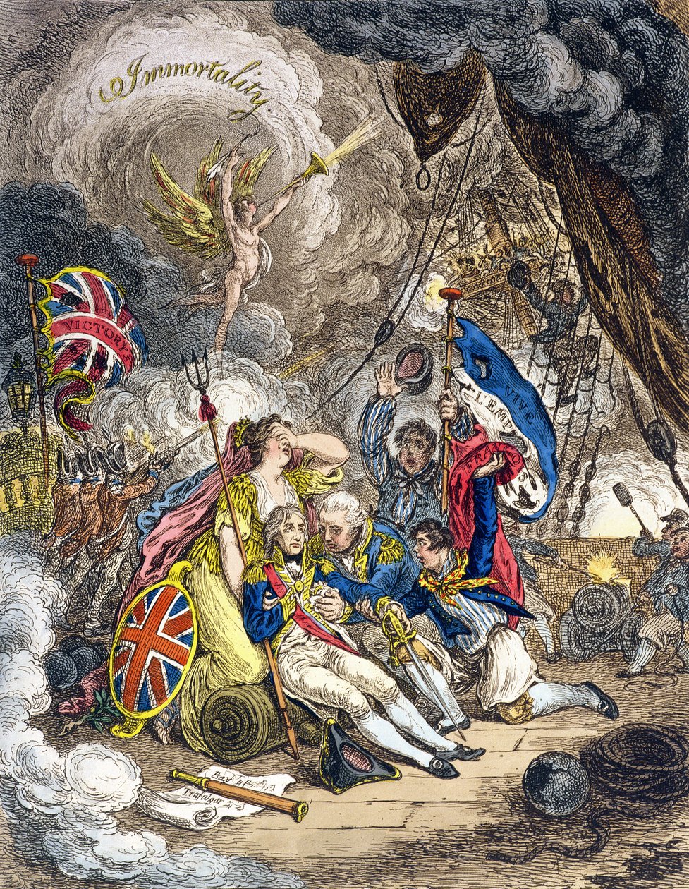 A morte do almirante Lord Nelson no momento da vitória! publicado por Hannah Humphrey em 1805 (gravura à mão colorida) de James Gillray
