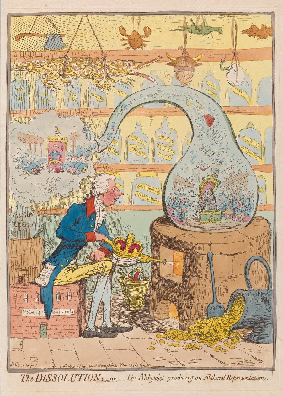 A Dissolução ou O Alquimista produzindo uma Representação Etérea, pub. 1796 (gravura colorida à mão) de James Gillray