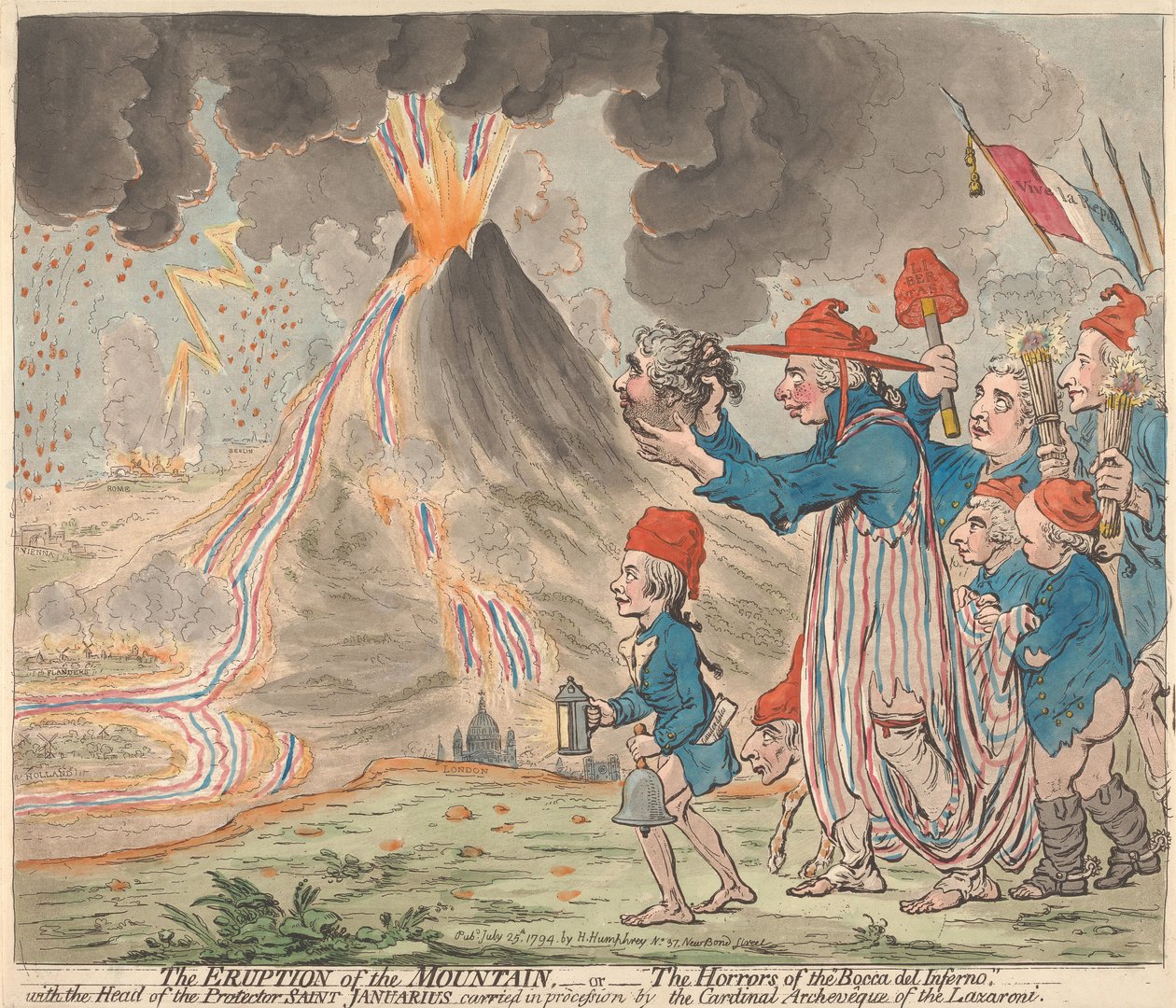 A erupção da montanha - ou - Os horrores da Bocca del Inferno - com a cabeça do santo protector Januário levada em procissões pelo cardeal-arcebispo dos Lazzaroni de James Gillray
