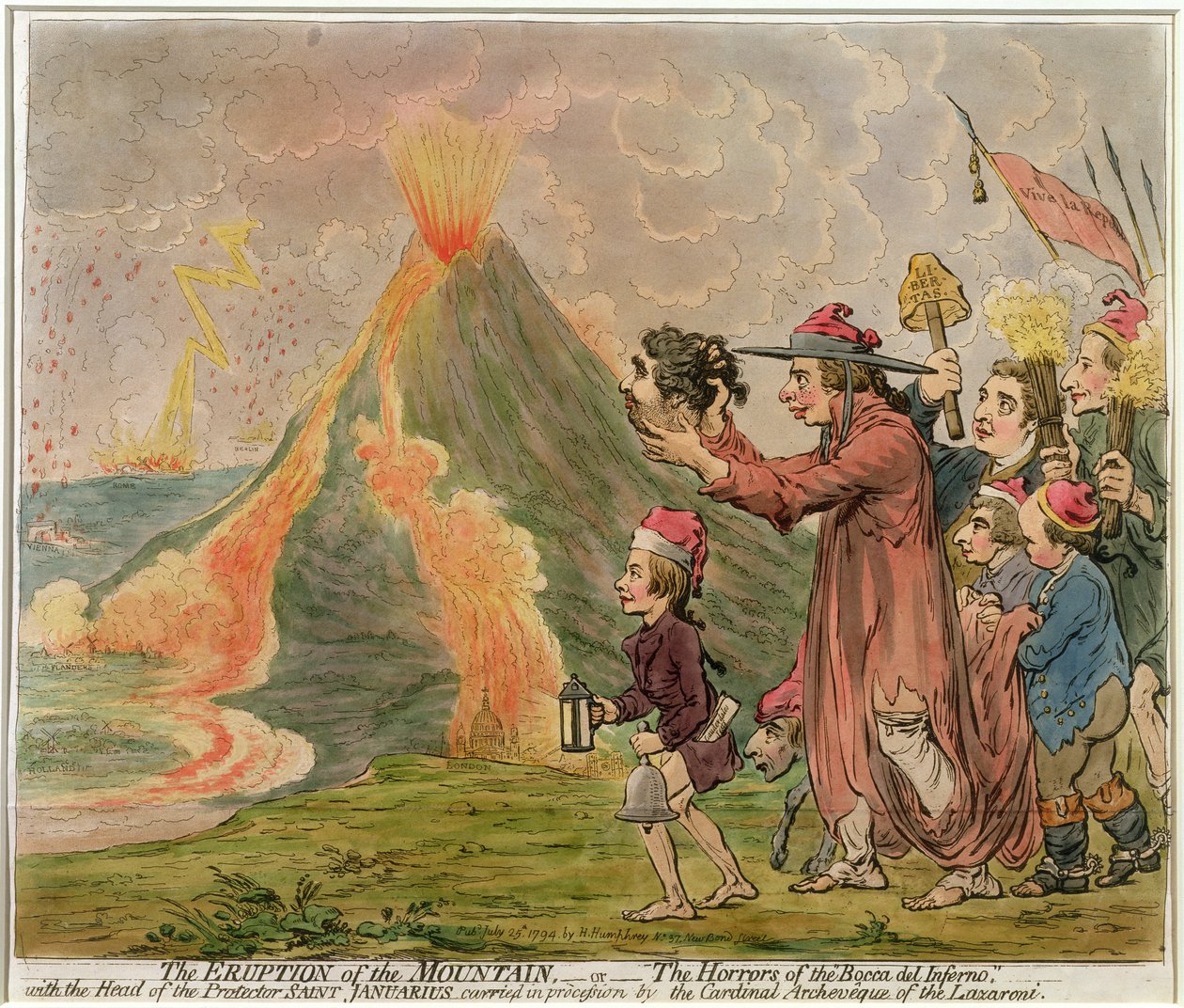 A Erupção da Montanha, ou Os Horrores da &39;Bocca del Inferno&39;, publicada por Hannah Humphrey em 1794 (gravura à mão colorida) de James Gillray