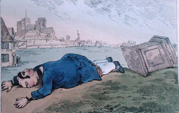 The Fall of Dagon, ou Rare News for Leadenhall Street, publicado por William Humphrey em 1784 (gravura colorida à mão) de James Gillray