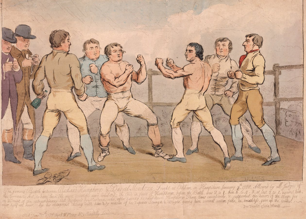 A famosa batalha entre Richard Humphreys e Daniel Mendoza, 9 de janeiro de 1788, pub. 1788 (gravura colorida à mão) de James Gillray