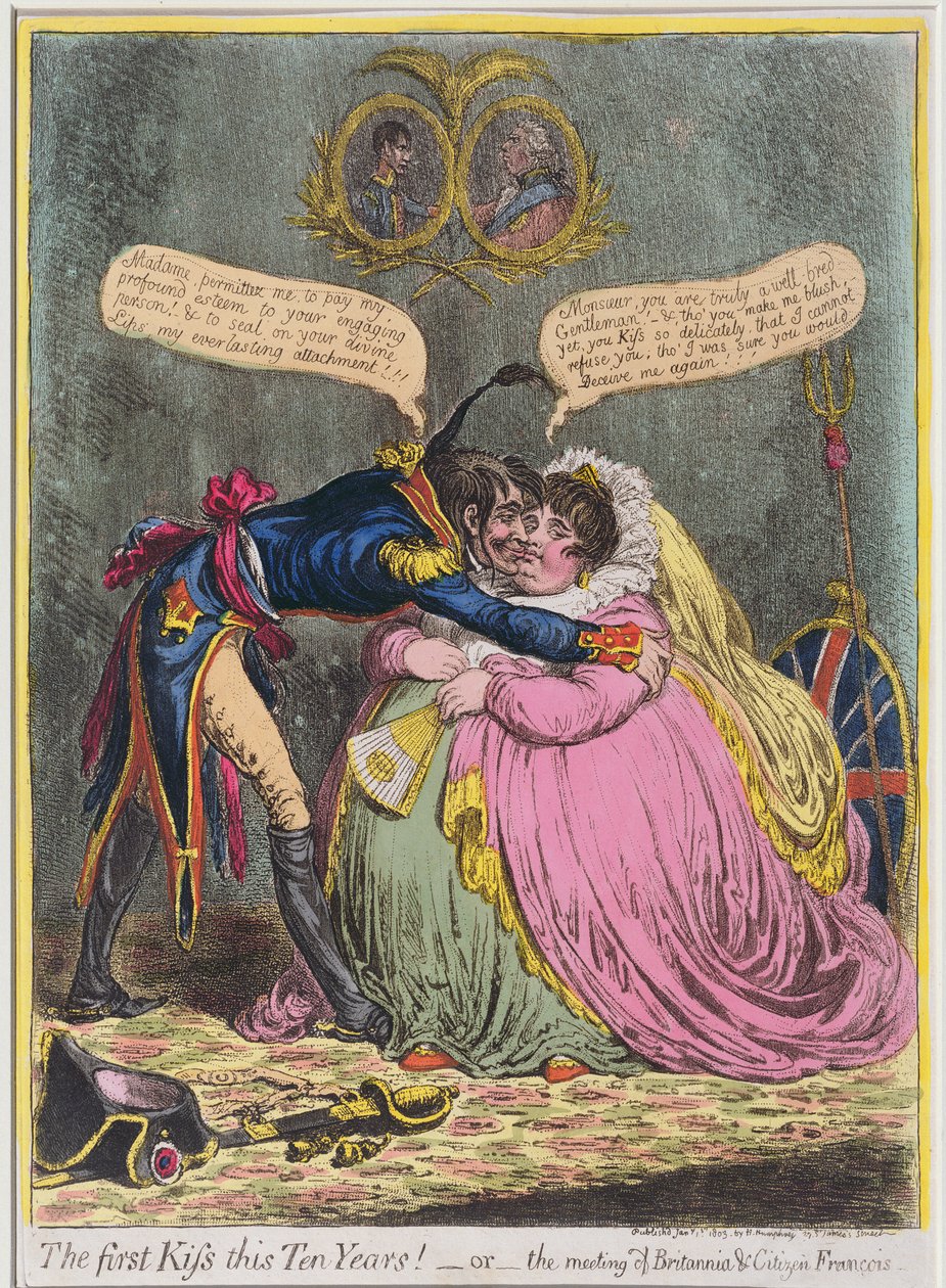 O primeiro beijo em dez anos! ou O Encontro de Britannia und Citizen François, publicado por Hannah Humphrey em 1803 (gravura à mão colorida com aquatint) de James Gillray