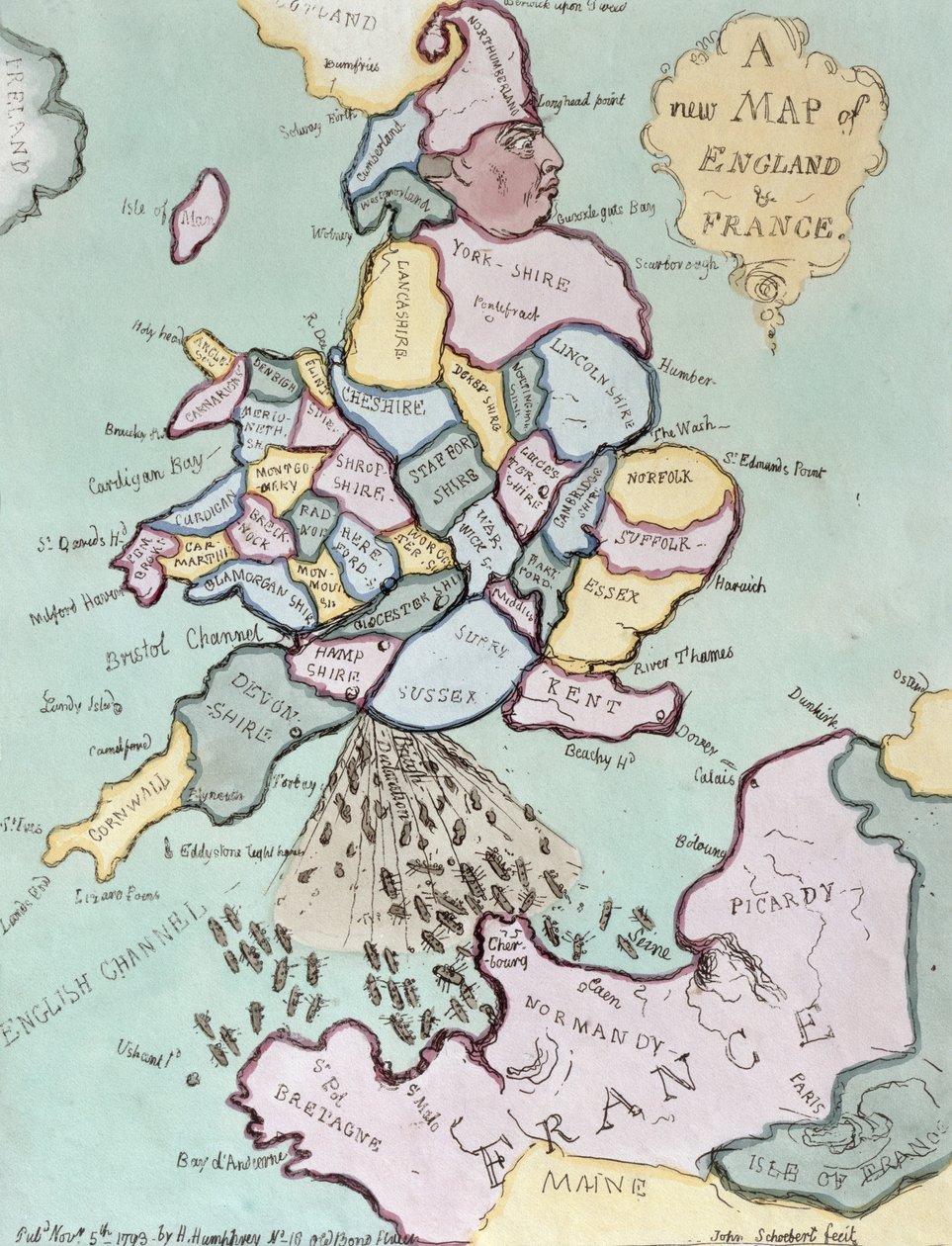 A Invasão Francesa, ou John Bull Bombardeando os Bum-Barcos, publicado por Hannah Humphrey em 1793 (gravura à mão colorida) de James Gillray
