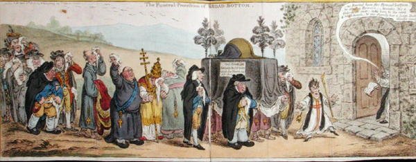 The Funeral Procession of Broad-Bottom, publicado por Hannah Humphrey em 1807 (gravura colorida à mão) de James Gillray