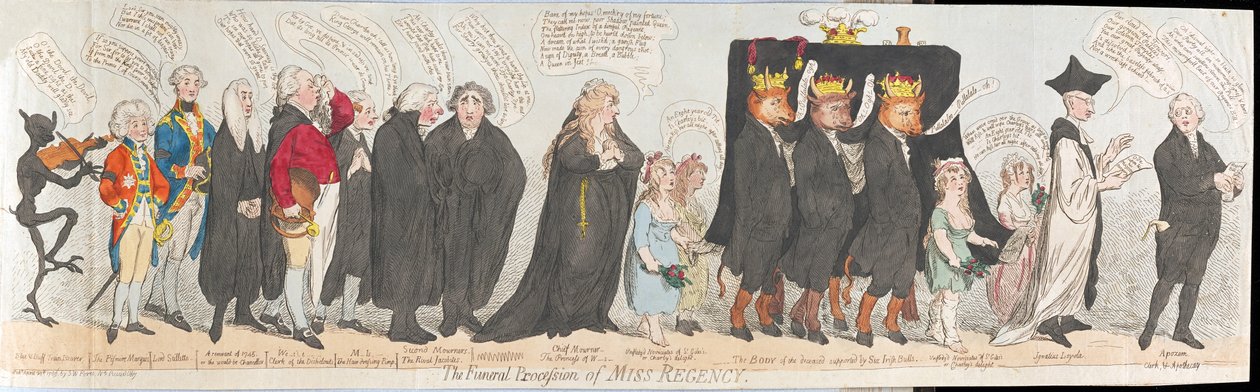O Funeral Procissão de Miss Regency, pub. 1789 (gravura colorida à mão) de James Gillray