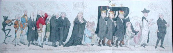 The Funeral Procession of Miss Regency, publicado por S.W. Fores em 1789 (gravura colorida à mão) de James Gillray