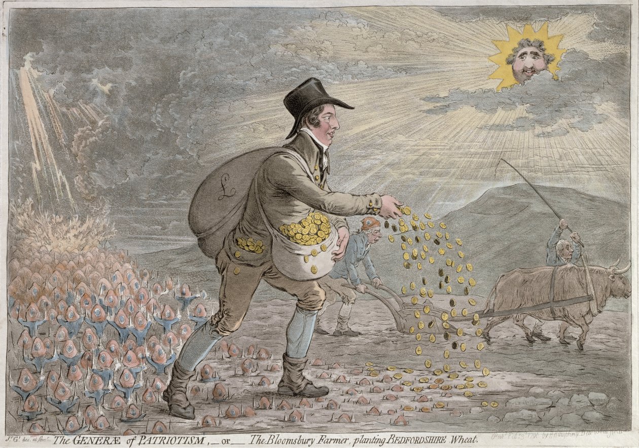 The Generae of Patriotism, ou The Bloomsbury Farmer plantando Bedfordshire Wheat, publicado por Hannah Humphrey em 1796 (gravura à mão colorida) de James Gillray