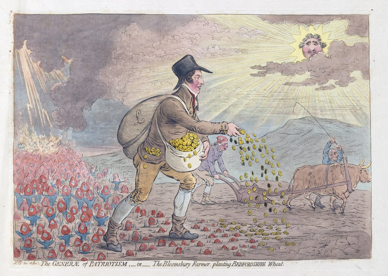 The Generae of Patriotism, ou The Bloomsbury Farmer plantando o Bedfordshire Wheat, pub. 1796 (gravura colorida à mão) de James Gillray