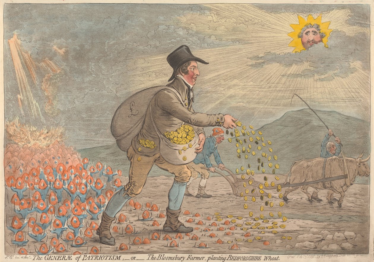 O general do patriotismo - ou - o agricultor de Bloomsbury, a plantar trigo de Bedfordshire de James Gillray