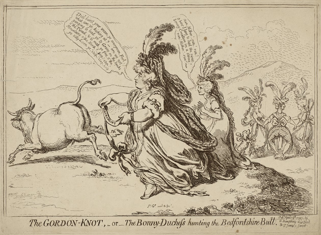 O Nó Gordon ou A Bonky-Duquesa Caçando o Touro Bedfordshire, publicado em 29 de abril de 1797 (gravura em papel de capa) de James Gillray