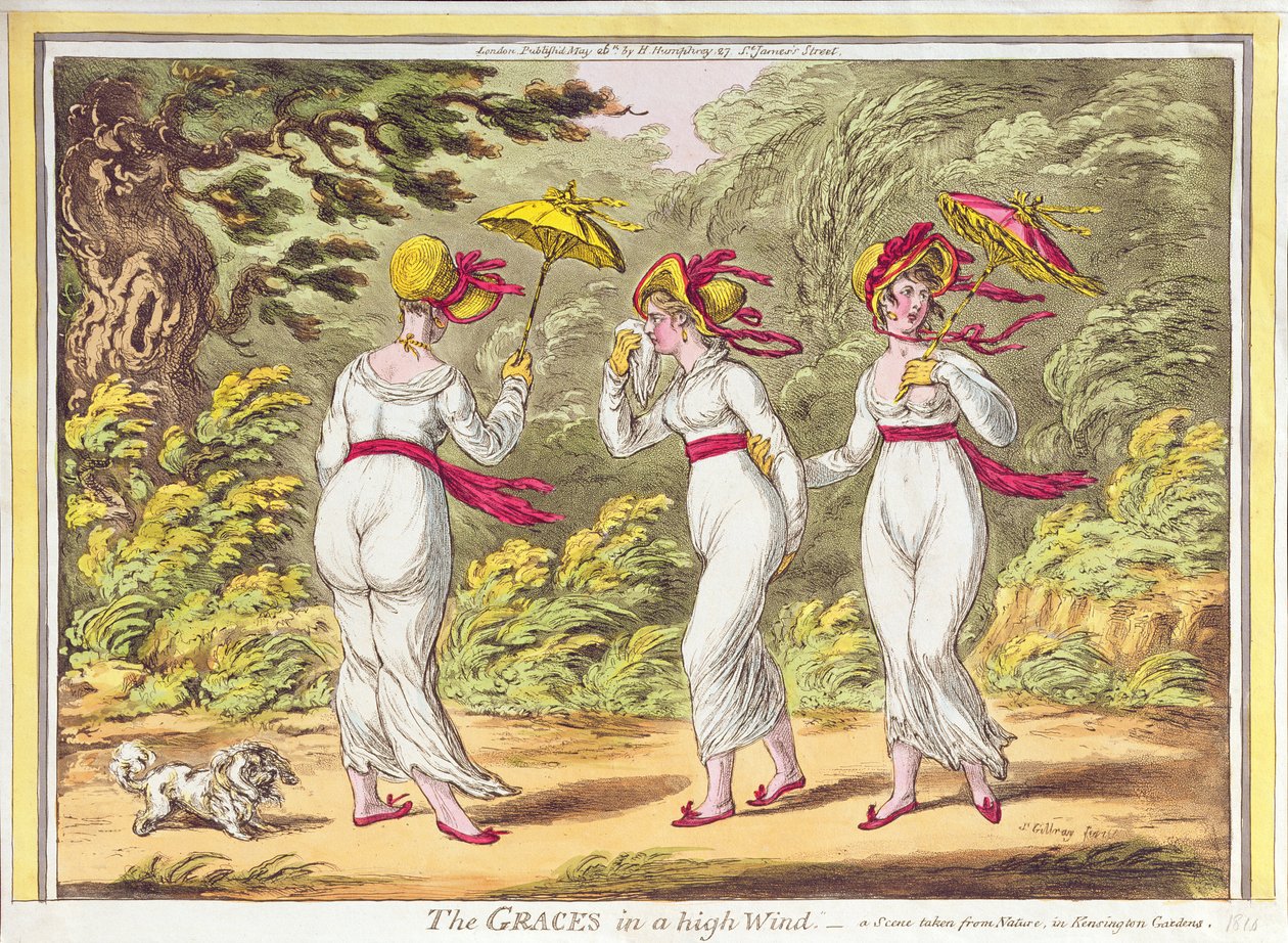 As benevolências em um vento alto, uma cena tomada da natureza em jardins de Kensington, bar. por Hannah Humphrey, 1810 de James Gillray