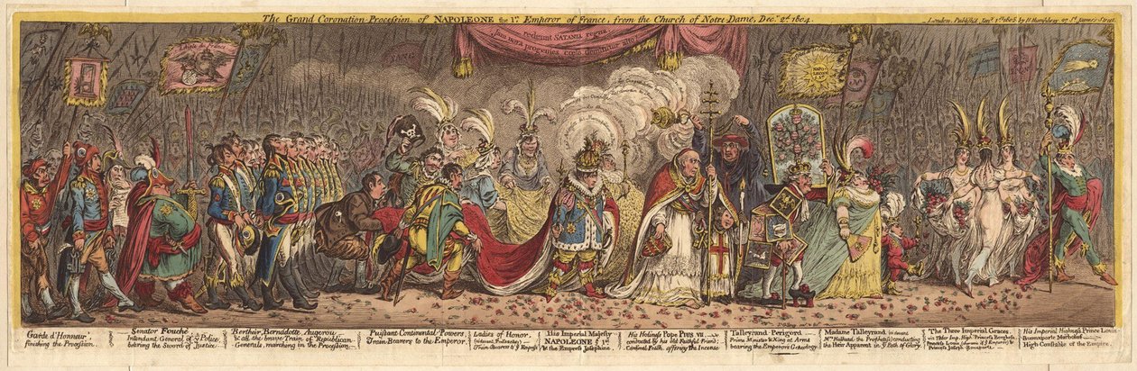 A procissão da Grande Coroação de Napoleão, o 1º Imperador da França, da igreja de Notre-Dame, 1805 de James Gillray